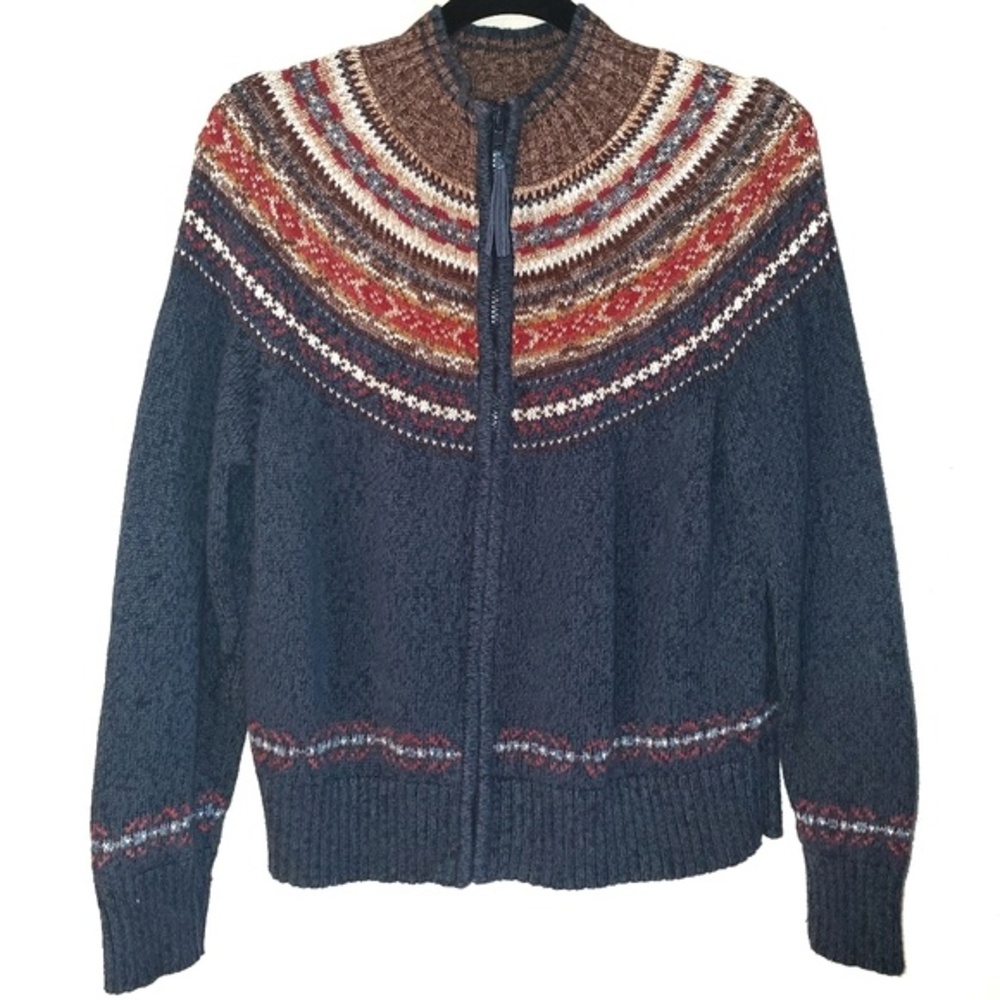 Vintage Y2K Fair Isle Nordic Zip Cardigan Sweater Blue Brown Cottagecore Large